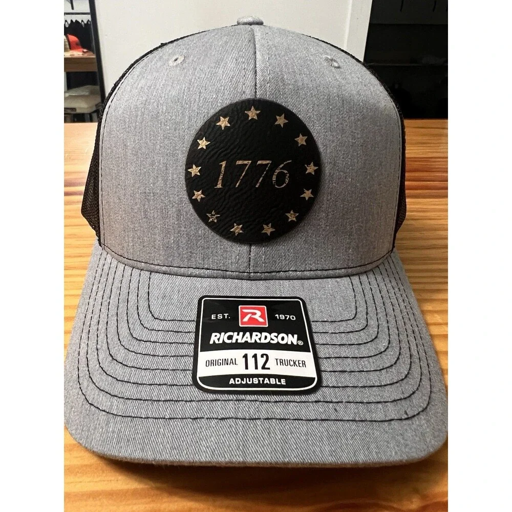 1776 Leather Patch Hat Richardson 112 Gray/Black ADJ Size NWT America 250 Cap